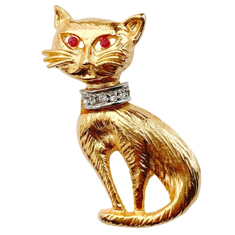 VTG 60s Cat Brooch Red Spinel Gemstones Rhinestone Collar Mid Century Gold Tone